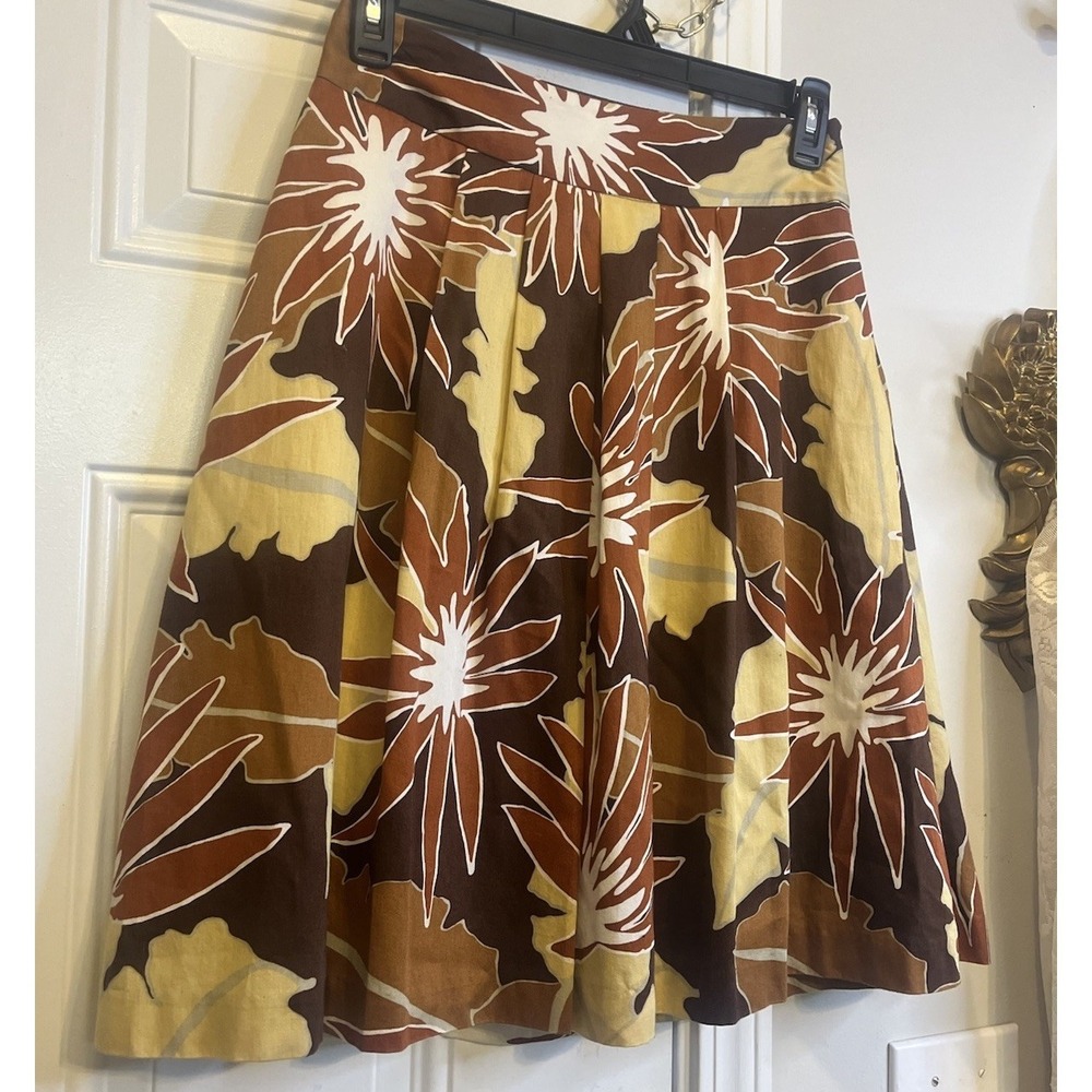 Vintage Merona Retro Tropical Floral A-Line Skirt Brown Rust Yellow Cotton 2 - Picture 2 of 8